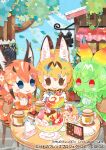  3girls animal_ears blonde_hair blue_eyes bow bowtie brown_eyes cafe caracal_(kemono_friends) cat_ears cat_girl cat_tail cellval copyright_name elbow_gloves extra_ears food gloves green_hair japari_bun kemono_friends kemono_friends_3 kikuchi_milo multiple_girls official_art orange_hair outdoors red_eyes serval_(kemono_friends) shirt short_hair skirt sleeveless sleeveless_shirt sweets tail 