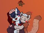 anthro bandanna blue_body blue_fur blue_hair clothing cloudy duo embrace felid friends fur hair hand_on_head happy hearts_around_body hi_res hug hugging_from_behind jaycemutt kerchief male male/male mammal mistletoe pantherine paw_on_head plant ray_ackerley red_bandanna red_kerchief simple_background snow_leopard spots sweater topwear waving_tail white_body white_chest white_chest_hair white_chest_tuft white_fur