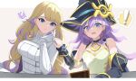  2girls bare_shoulders blonde_hair blue_bow blue_eyes bow breasts cleavage collarbone detached_sleeves diabellze_of_the_original_sin dress duel_monster eye_of_horus gloves hair_between_eyes hat heichi highres large_breasts long_hair long_sleeves medium_breasts multicolored_hair multiple_girls nightmare_apprentice open_mouth purple_hair streaked_hair white_dress wizard_hat yu-gi-oh! 