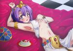  1girl bevel_hamana blush breasts cake egyptian_clothes fang food jashin-chan_dropkick looking_at_viewer lying medusa_(jashin-chan_dropkick) navel no_bra on_back open_mouth purple_eyes purple_hair short_hair small_breasts solo underboob 