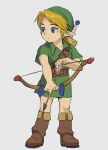  1boy archery arrow_(projectile) blonde_hair blue_eyes bow_(weapon) brown_footwear child full_body highres holding holding_bow_(weapon) holding_weapon link male_focus olxexlo simple_background solo sword the_legend_of_zelda weapon young_link 