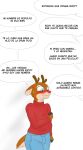 anthro antlers blackmail blue_eyes blush blush_lines bottomwear brown_body brown_fur clothing comic deer denim denim_bottomwear denim_clothing duo fur hi_res horn jeans long_sleeve_shirt male male/male mammal new_world_deer off_camera out_of_frame pants principericardo red_clothing red_nose red_sweater red_topwear reindeer rody_(principericardo) speech_bubble sweater text text_on_balloon topwear vix_(vixiennevixen)