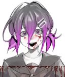  1boy bangs black_hair blood blood_on_face collarbone crazy_eyes crossdressing danganronpa hair_between_eyes hair_ornament hairclip kyandii looking_at_viewer male_focus new_danganronpa_v3 open_mouth ouma_kokichi purple_hair shirt short_hair simple_background sketch solo teeth twintails upper_body upper_teeth white_background 