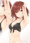  1girl armpits arms_up barrette black_bra bra breasts brown_eyes brown_hair commentary_request eyebrows_visible_through_hair front-tie_bra hair_ornament hairclip highres higuchi_madoka idolmaster idolmaster_shiny_colors nagi_(shunsuke-manage) navel parted_lips short_hair signature small_breasts solo sweat underwear upper_body 
