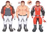  1boy abs akashi_(live_a_hero) bara bodysuit bulge facial_hair full_body goatee highres karamaru_(karamari_11) large_pectorals live_a_hero long_sideburns looking_at_viewer male_focus multiple_views muscular muscular_male navel nipples pectorals red_bodysuit red_eyes red_hair reference_sheet scar scar_on_face scar_on_nose short_hair sideburns smile stomach straight-on strongman_waist superhero_costume thick_eyebrows 