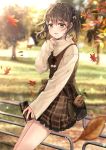 1girl autumn autumn_leaves bag bangs blurry blurry_background blush braid brown_eyes brown_hair brown_skirt can canned_coffee chocho_(homelessfox) cowboy_shot day depth_of_field eyebrows_visible_through_hair falling_leaves hair_ribbon handbag holding holding_can leaf lens_flare long_sleeves looking_at_viewer mandrake original outdoors park plaid plaid_skirt pom_pom_(clothes) railing ribbon short_hair shoulder_bag sitting_on_railing skirt sleeves_past_wrists sweater yellow_ribbon yellow_sweater 