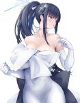  1girl absurdres black_hair blue_archive blue_eyes blush breasts choker cleavage dress elbow_gloves gloves hair_ornament halo highres large_breasts long_hair looking_to_the_side official_alternate_costume ponytail saori_(blue_archive) saori_(dress)_(blue_archive) solo white_background white_choker white_dress white_gloves yuuki_shuri 