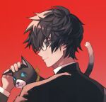  1boy amamiya_ren animal black-framed_eyewear black_eyes black_hair black_jacket blue_eyes cat closed_mouth commentary glasses holding holding_animal holding_cat jacket long_sleeves looking_at_viewer looking_back male_focus morgana_(persona_5) persona persona_5 petting portrait red_background school_uniform shirt short_hair shuujin_academy_school_uniform simple_background smile solo turtleneck user_onekestrel white_shirt 