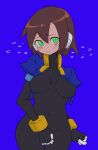  1girl ? absurdres aile_(mega_man_zx) black_bodysuit blue_background blush bodysuit bodysuit_under_clothes breasts breath brown_hair buzzlyears covered_collarbone cropped_jacket glowing glowing_eyes green_eyes highres jacket looking_at_viewer medium_breasts mega_man_(series) mega_man_zx no_pants open_clothes open_jacket robot_ears short_hair simple_background smile solo tearing_up upper_body 