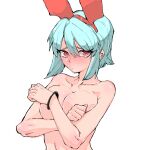  1girl animal_ears aqua_hair blush bracelet breasts cleavage clenched_hands collarbone covering_breasts covering_privates crossed_arms dokunasubi double-parted_bangs fake_animal_ears furrowed_brow hair_between_eyes jewelry looking_at_viewer nude original red_eyes sidelocks simple_background solo upper_body white_background 