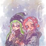  2girls agent_3_(splatoon) agent_8_(splatoon) blue_sweater_vest bobblehat brown_scarf buttons chinese_text cup disposable_cup drinking_straw fang green_hair green_jacket grey_shirt hands_on_another&#039;s_arm highres holding holding_cup inkling inkling_girl inkling_player_character jacket knit_hat long_sleeves multiple_girls octoling octoling_girl octoling_player_character orange_eyes pointy_ears red_hair scarf shirt splatoon_(series) sweater_vest tentacle_hair thenintlichen96 translation_request zipper zipper_pull_tab 