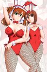  2girls animal_ears arm_up asahina_yurina blush blush_stickers bow bowtie breasts brown_eyes brown_hair covered_nipples fake_animal_ears fishnet_pantyhose fishnets green_eyes hair_ribbon hairband hand_on_own_head hand_on_own_thigh hands_on_own_neck highleg highleg_leotard highres kayama_tamami large_breasts leotard long_hair looking_at_viewer mirror_image mokkouyou_bond multiple_girls navel nipples orange_hair pantyhose playboy_bunny rabbit_ears red_hair red_leotard red_ribbon ribbon short_hair small_breasts smile strapless strapless_leotard super_real_mahjong sweat traditional_bowtie twintails wrist_cuffs 