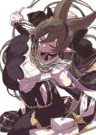  1girl 218 animal_ears bare_shoulders black_dress blue_hair blush breasts brown_hair closed_eyes detached_sleeves dress extra_ears frilled_dress frilled_sleeves frills galleon_(granblue_fantasy) gloves granblue_fantasy hair_between_eyes hair_ornament horns large_breasts long_hair multicolored_hair pointy_ears smile solo streaked_hair very_long_hair white_gloves 