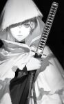  1boy aged_down ayiad blurry cape devil_may_cry_(series) greyscale highres holding holding_sword holding_weapon katana looking_at_viewer male_focus monochrome simple_background solo sword torn_cape torn_clothes vergil_(devil_may_cry) weapon white_cape yamato_(sword) 