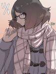  1girl black-framed_eyewear bob_cut coat dated glasses gradient_background grey_coat hadashi_no_kenji hand_up highres looking_at_viewer original scarf solo upper_body 