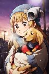  1girl animal blonde_hair blue_headwear bracelet brown_eyes cityscape coat dog highres holding holding_animal jewelry kanchuumimai long_hair nakajima_majikana original outdoors pom_pom_(clothes) shell_hat_ornament sky smile snow solo starfish_hat_ornament twilight 