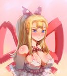  1girl bare_shoulders blush bow bow_(bhp) breasts cleavage closed_mouth hair_bow highres large_breasts large_ribbon nose_blush original polka_dot polka_dot_bow purple_eyes red_ribbon ribbon solo upper_body 