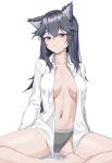  1girl animal_ears arknights bare_legs barefoot black_hair breasts commentary grey_panties highres long_hair looking_at_viewer medium_breasts open_clothes open_shirt orange_eyes panties shirt siguya simple_background sitting solo texas_(arknights) thighs underwear very_long_hair white_background white_shirt wolf_ears 