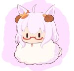  1girl ahoge animal_ears biwa_hayahide_(umamusume) blush chibi glasses gomashio_(goma_feet) grey_hair hair_between_eyes horse_ears pink_background red-framed_eyewear semi-rimless_eyewear solo two-tone_background umamusume under-rim_eyewear white_background |_| 