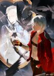  absurdres belt_bra bird blue_coat blue_eyes coat crying crying_with_eyes_open dante_(devil_may_cry) devil_may_cry_(series) devil_may_cry_3 fingerless_gloves gloves hair_between_eyes highres holding jewelry male_focus multiple_boys necklace red_coat tears too_many too_many_birds vergil_(devil_may_cry) weibo_5287344000 white_hair 