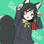  1girl animal_ear_fluff animal_ears armband black_hair black_jacket black_tail blush collared_shirt commentary_request fang fox_ears fox_tail green_background hair_ribbon hands_up jacket long_sleeves looking_at_viewer love_live! love_live!_nijigasaki_high_school_idol_club mifune_shioriko neck_ribbon nijigasaki_academy_school_uniform open_mouth paw_pose red_armband red_eyes ribbon school_uniform shinanoya_(satanicad) shirt short_hair solo tail upper_body white_shirt winter_uniform yellow_ribbon 