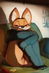 2024 anthro bottomless bottomless_anthro bottomless_female canid canine clothed clothing female fox fox_girl_(sniffsnorf) fur genitals hi_res looking_at_viewer mammal multicolored_body multicolored_fur narrowed_eyes orange_body orange_fur pussy sniffsnorf solo white_body white_fur