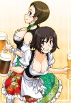  2girls 2gou alcohol alternate_costume apron beer beer_mug blue_eyes breasts brown_eyes brown_hair cleavage closed_mouth commentary_request cup dirndl dress floral_print frilled_dress frilled_sleeves frills german_clothes girls_und_panzer grin hida_ema highres holding holding_cup kojima_emi leaning_forward looking_at_viewer looking_back medium_breasts medium_dress mug multiple_girls oktoberfest oosaka_kanagawa partial_commentary print_dress puffy_short_sleeves puffy_sleeves red_dress short_dress short_hair short_sleeves smile standing very_short_hair waist_apron 