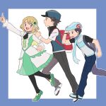  1girl 2boys alternate_color ascot backpack bag baseball_cap beret blue_footwear blue_scarf green_footwear grey_eyes hat highres light_brown_hair lucas_(pokemon) multiple_boys official_alternate_costume open_mouth pokemon pokemon_masters_ex pumpkinpan red_(pokemon) scarf serena_(pokemon) serena_(sygna_suit)_(pokemon) sweat 