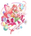  1girl animal_ears attack bare_shoulders crop_top egg fairy fairy_wings fake_animal_ears fire_emblem fire_emblem_heroes flower green_skirt hair_flower hair_ornament highres long_hair long_sleeves midriff mirabilis_(fire_emblem) mirabilis_(spring)_(fire_emblem) navel non-web_source official_alternate_costume official_art open_mouth pantyhose pink_footwear pink_hair pointy_ears rabbit rabbit_ears skirt sleeves_past_fingers sleeves_past_wrists smile solo very_long_sleeves white_pantyhose wings 