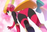  1girl ass black_bodysuit blonde_hair bodysuit emblem from_behind green_eyes heart helmet kaidou_zx leotard long_hair looking_at_viewer mega_man_(series) mega_man_battle_network_(series) pink_headwear pink_leotard roll.exe_(mega_man) solo 