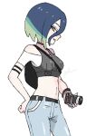  1girl armband bare_shoulders black_armband black_choker blue_hair bob_cut breasts brown_eyes camera choker crop_top denim gradient_hair grey_shirt hand_on_own_hip holding holding_camera jeans loose_hair_strand midriff multicolored_hair pants perrin_(pokemon) photographer plum0o0 pokemon pokemon_sv ribbed_shirt shirt sleeveless sleeveless_shirt solo undershirt v-neck watch wristwatch 