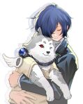  1boy animal_hug black_jacket blue_hair closed_eyes closed_mouth dog gekkoukan_high_school_uniform hair_over_one_eye jacket koromaru_(persona) long_sleeves male_focus moisea0201 one_eye_closed persona persona_3 persona_3_reload red_eyes school_uniform shirt short_hair upper_body white_shirt white_wings wings yuuki_makoto_(persona_3) 