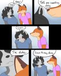 anthro bite biting_lip blush bottomwear breasts canid canine clothed clothing comic duo female fox franciene_(tango&#039;s_family) fur hair hi_res humor lewis_gunn male male/female mammal procyonid raccoon simple_background smile text