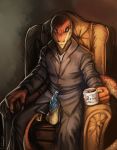  absurd_res anthro balls beverage bodily_fluids clothed clothing coffee crius cum genital_fluids genitals grin hi_res male penis quirachen reptile scalie serpentine smile snake solo 