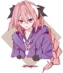  &gt;:( 1boy androgynous angry astolfo_(fate) black_bow bow braid chungyun_high cross cross_necklace dated fang fate/apocrypha fate/grand_order fate_(series) glaring hair_bow hair_intakes highres hood hooded_jacket jacket jewelry long_braid long_hair male_focus multicolored_hair necklace pink_hair pom_pom_(clothes) purple_eyes shirt single_braid skin_fang solo streaked_hair striped_clothes striped_shirt two-tone_hair upper_body v-neck v-shaped_eyebrows white_background white_hair 
