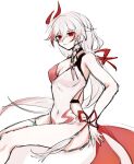  1girl adapted_costume an_dong aqua_gemstone bare_shoulders breasts cleavage cleavage_cutout clothing_cutout covered_navel dragon_print fu_hua fu_hua_(phoenix) gradient_hair hair_between_eyes hair_ribbon honkai_(series) honkai_impact_3rd long_hair looking_at_viewer low-tied_long_hair low_ponytail medium_breasts multicolored_hair one-piece_swimsuit ponytail red_eyes red_hair red_ribbon ribbon solo streaked_hair swimsuit thighs turquoise_(gemstone) unfinished white_hair white_one-piece_swimsuit 