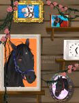  absurdres akiyama1107 bridle clock commentary_request emphasis_lines english_text eyelashes gold_ship_(racehorse) happy_birthday highres horse no_humans photo_(object) real_life shelf uberleben_(racehorse) wooden_wall 