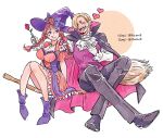  1boy 1girl arm_tattoo ascot beard black_footwear blonde_hair blush boots broom broom_riding closed_eyes collared_cape crossed_legs facial_hair gloves hair_over_one_eye hat hatch_(8cco) heart highres ko_tori0 nami_(one_piece) one_piece orange_hair sanji_(one_piece) smile tattoo tongue tongue_out twintails waistcoat white_ascot white_gloves 