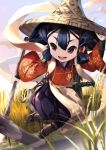  1girl :d black_hair hat hoe holding open_mouth outdoors p_answer purple_eyes rice_paddy sakuna-hime smile solo tensui_no_sakuna-hime 