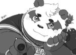  2020 alp_(tas) anthro blush clothed clothing cute_fangs giant_panda hijirinoyuta humanoid_hands kemono male mammal monochrome overweight overweight_anthro overweight_male portrait shirt simple_background solo tokyo_afterschool_summoners topwear ursid video_games white_background 