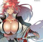  1girl baiken big_hair black_kimono breasts chikoinochi grin guilty_gear guilty_gear_strive high_collar highres huge_breasts japanese_clothes katana kimono looking_at_viewer multicolored_clothes multicolored_kimono one-eyed open_clothes open_kimono red_hair rope samurai scar scar_across_eye scar_on_face sheath smile solo sword twitter_username unsheathing upper_body weapon white_background 