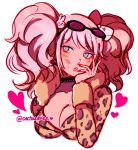  1girl animal_hair_ornament animal_print blonde_hair bow breasts cleavage collarbone cowboy_shot danganronpa:_trigger_happy_havoc danganronpa_(series) danganronpa_3_(anime) enoshima_junko eyewear_on_head hair_bow hair_ornament heart khee leopard_print long_sleeves medium_breasts nail_polish rabbit_hair_ornament red_bow red_nails solo sunglasses swept_bangs tumblr_username white_background white_bow 