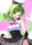  1girl ahoge alternate_hairstyle armpit_crease ascot bare_shoulders black_gloves black_panties black_skirt blush breasts character_name commentary_request curry_bowl delutaya diagonal_bangs fang gloves green_background green_hair hair_ornament high-waist_skirt highres indie_virtual_youtuber medium_breasts multicolored_background multicolored_hair open_mouth panties panty_peek pink_ascot pink_background pink_hair ponytail shirt skin_fang skirt skirt_hold sleeveless sleeveless_shirt smile solo streaked_hair triangle_hair_ornament underwear virtual_youtuber white_background white_shirt 