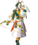  1boy animal_ears bow_(weapon) fake_animal_ears fire_emblem fire_emblem:_three_houses fire_emblem_heroes gloves green_footwear green_hair hair_tie highres holding holding_bow_(weapon) holding_weapon linhardt_von_hevring linhardt_von_hevring_(spring) long_hair non-web_source pillow ponytail rabbit_ears solo tachi-e weapon white_gloves 