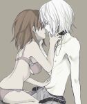  1boy 1girl accelerator_(toaru_majutsu_no_index) albino ass bare_arms bare_shoulders belt black_belt black_choker bow bow_bra bow_panties bra breasts brown_hair choker commentary_request couple electrodes feet_out_of_frame finger_to_another&#039;s_mouth from_side grey_background grey_pants hand_on_another&#039;s_stomach hand_out_of_frame hetero imminent_kiss looking_at_another medium_breasts medium_hair messy_hair misaka_worst navel negiko123123 one_eye_covered open_belt pale_skin panties pants parted_lips pink_bra pink_panties red_eyes short_hair sidelocks simple_background sitting sitting_on_lap sitting_on_person skinny toaru_majutsu_no_index toaru_majutsu_no_index:_new_testament topless_male underwear underwear_only white_hair 
