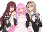  3girls aponia_(honkai_impact) black_dress blue_eyes breasts brown_hair closed_mouth detached_sleeves dress eden_(honkai_impact) elf elysia_(honkai_impact) english_commentary facing_viewer hair_between_eyes half-closed_eyes headband highres holding_hands honkai_(series) honkai_impact_3rd large_breasts long_hair long_sleeves multiple_girls nail_polish nun open_mouth pointy_ears puffy_sleeves purple_nails simple_background smile teeth upper_body upper_teeth_only weeiskaw white_background white_dress yellow_eyes 