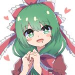  +_+ 1girl absurdres arm_ribbon bow frilled_bow frilled_ribbon frills front_ponytail green_eyes green_hair hair_bow hair_ribbon heart high_meron highres kagiyama_hina open_mouth red_bow red_ribbon ribbon simple_background solo touhou upper_body white_background 