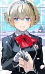  1girl aegis_(persona) android black_hairband black_jacket blonde_hair blue_eyes commentary_request fingernails gekkoukan_high_school_uniform gold_trim grin hair_between_eyes hairband highres jacket kinagi_(3307377) long_sleeves looking_at_viewer neck_ribbon out_of_frame outdoors persona persona_3 petals pov pov_hands red_ribbon ribbon robot_ears school_uniform short_hair smile 