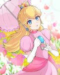  1girl ayaka_00709 blonde_hair blue_eyes crown dress earrings elbow_gloves gloves highres jewelry long_hair looking_at_viewer mario_(series) pendant pink_dress princess_peach solo sphere_earrings super_crown white_gloves 