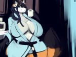  4:3 anthro bathrobe beverage big_breasts breasts canid canine chubby_female clothed clothing coffee coffee_mug dirtyscoundrel female fox fur hair hi_res interior long_hair mammal orange_body orange_fur partially_clothed robe slightly_chubby smile solo white_body white_fur 
